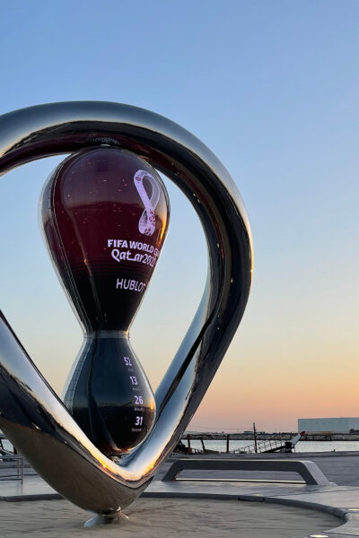 A shot of the finished clock sculpture in front of a beautiful sunset.
