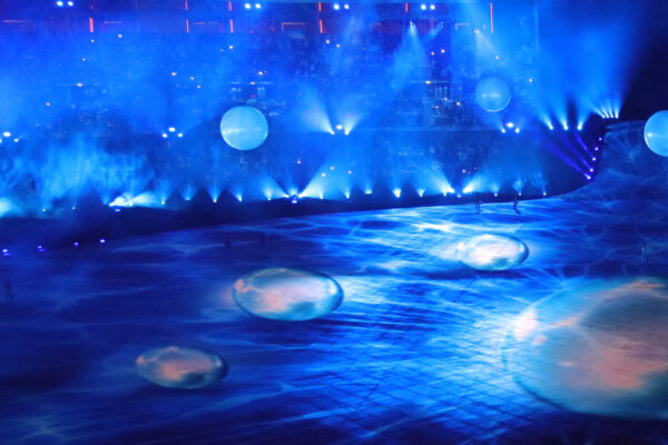 Stage with blue lights, floor projections and 3D pearl stage props.